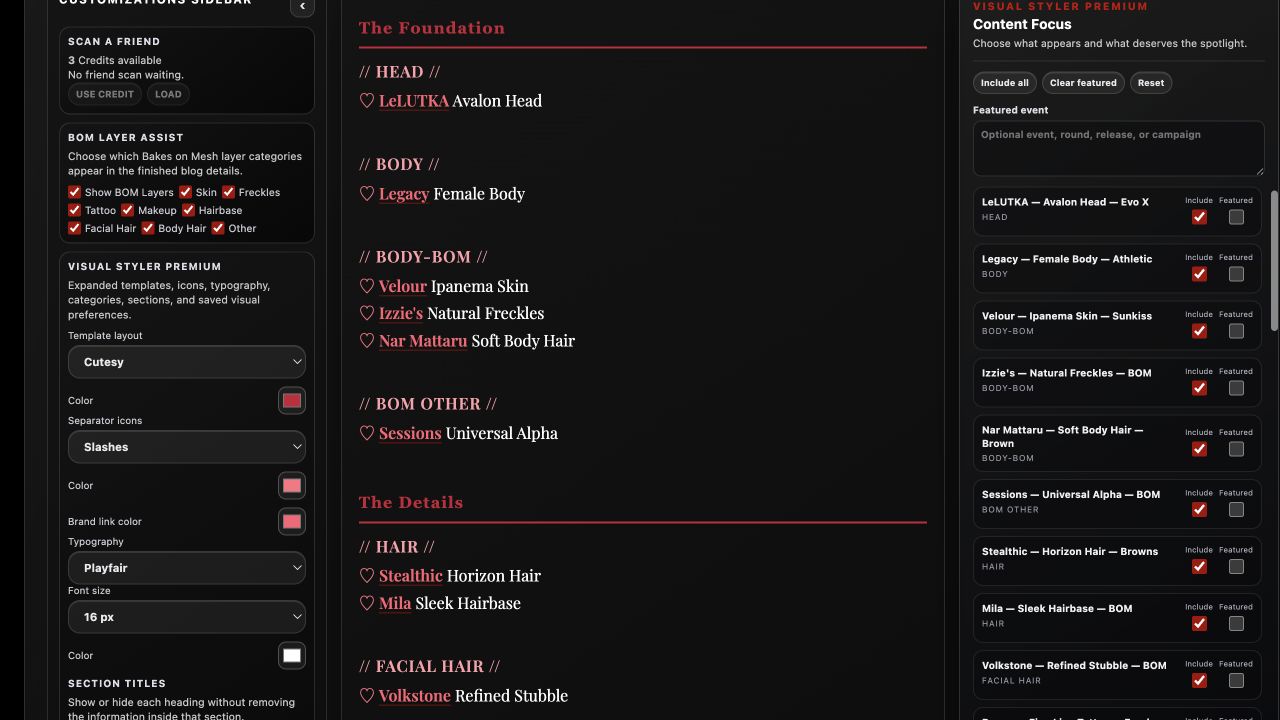 NAWOR Visual Styler scan workspace showing formatted item credits